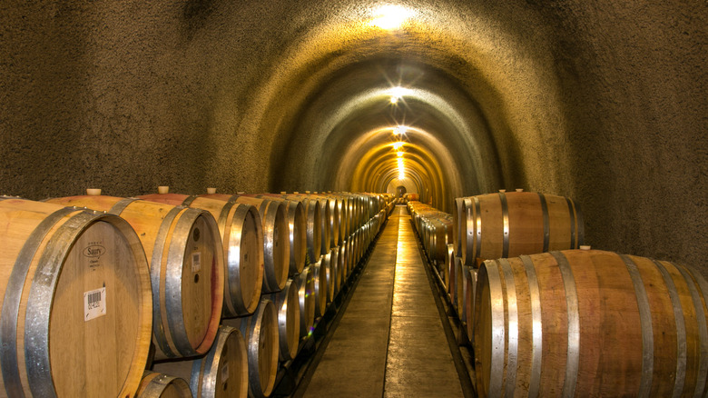 Barrels in a cellar at Gundlach Bundschu winery