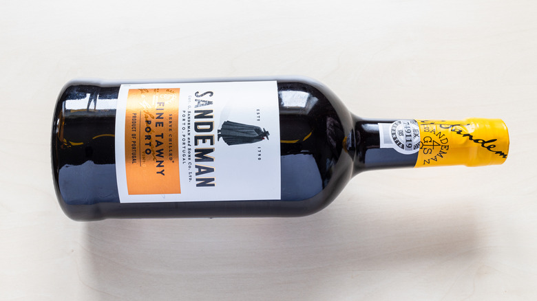 A bottle of Sandeman fine tawny porto wine