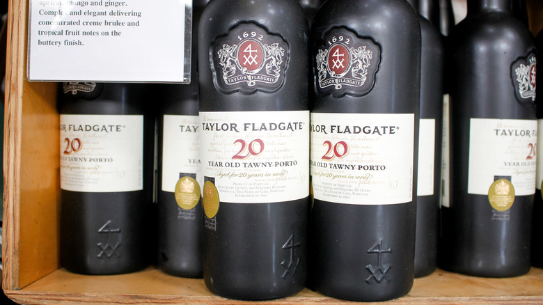 Bottles of Taylor Fladgate tawny porto, on display at a local big box grocery store