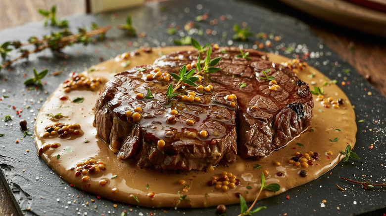 steak Diane on black slate