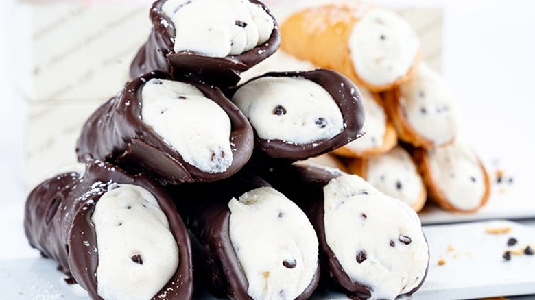 Close-up of Ferrara's Bakery Belgian chocolate-dipped cannolis