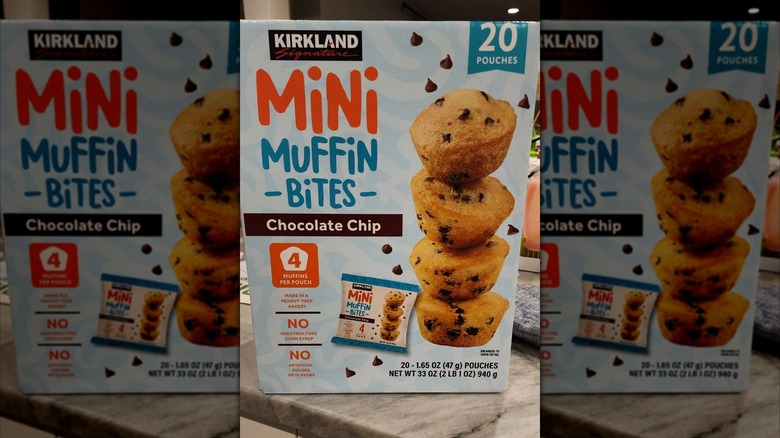 Box of Kirkland Signature chocolate chip mini muffin bites on countertop