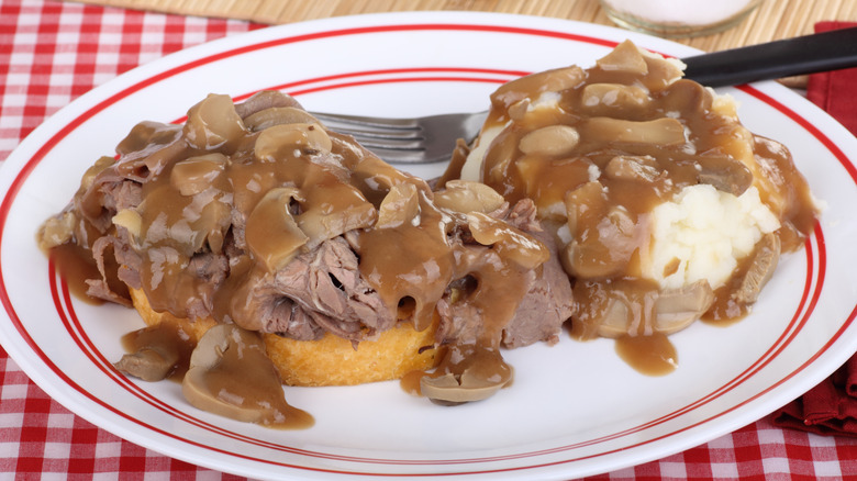 open-faced roast beef sandwich with gravy
