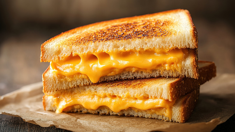 grilled cheese sandwich halves stacked