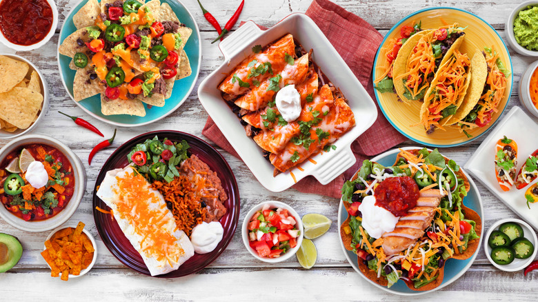 An array of Tex-Mex dishes viewed from above