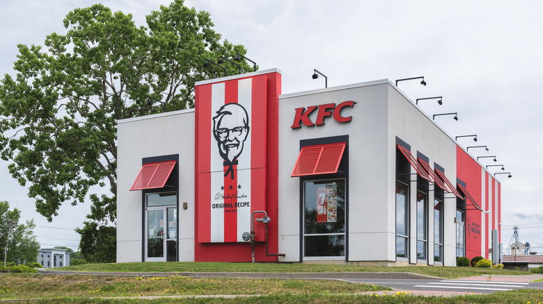 The outside of a KFC building with a big tree behind it.