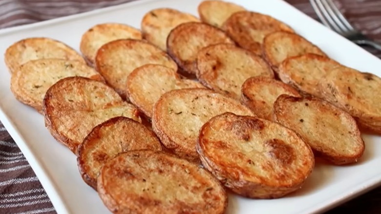 Cottage fries laid out on a white square plate