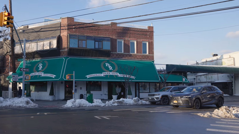 Street view of Park Side Restaurant with snow