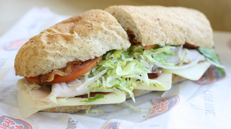 A Jersey Mike's sandwich cut in half.