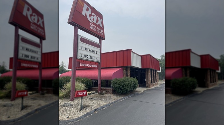 Exterior shot of drive-thru to Rax Fast Food location