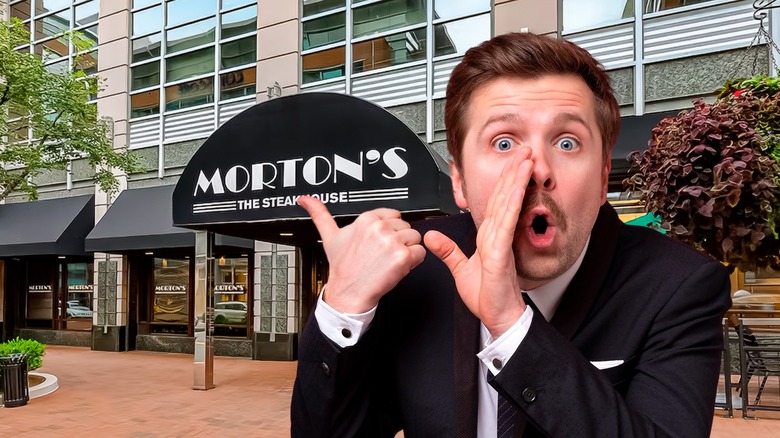 morton's steakhouse sign with man whispering