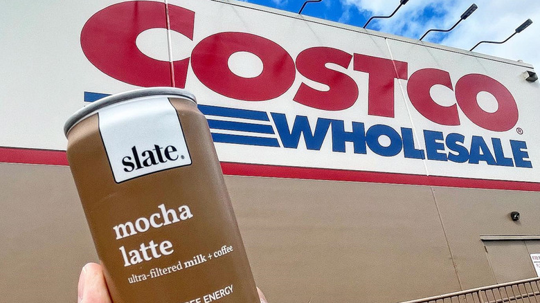 Slate mocha latte can by Costco sign