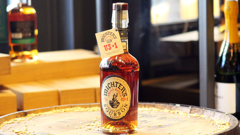 Bottle of Michter's American Whiskey on barrel