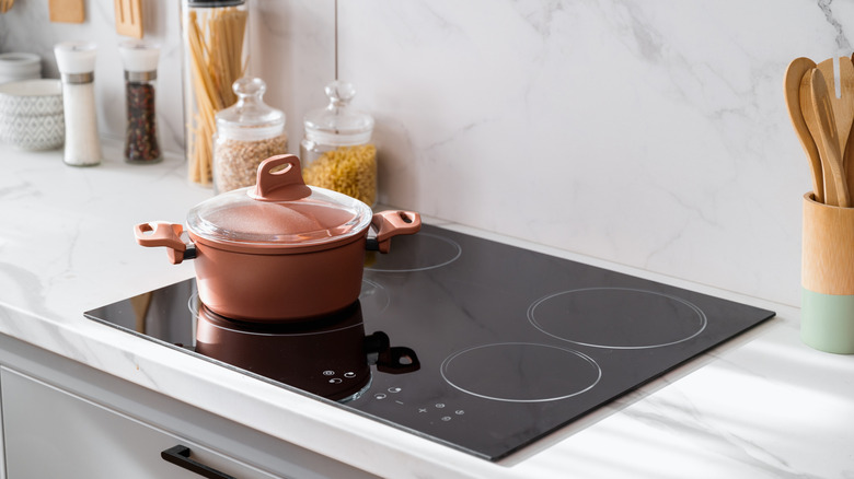 A pot with a lid on an electric stovetop