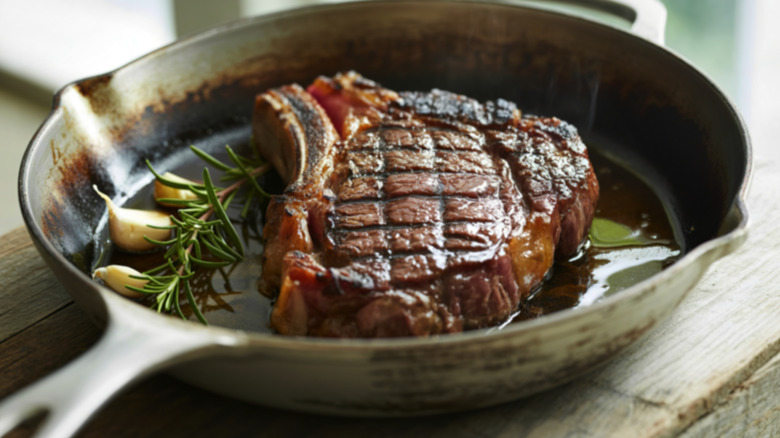 ribeye seared in cast iron skillet