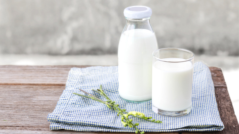 Glass and bottle of milk on checkered cloth