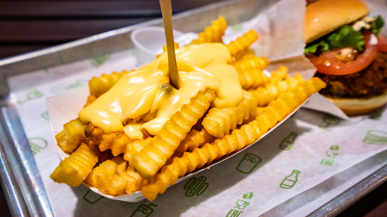 Cheese sauce drenches a boat of Shake Shack fries.