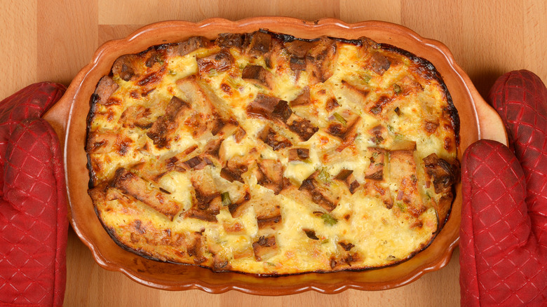 Strata in ceramic dish