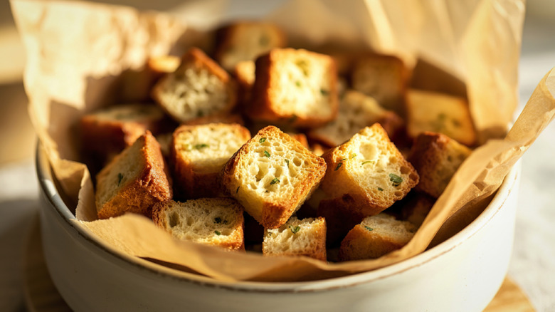 Bowl of homemade croutons