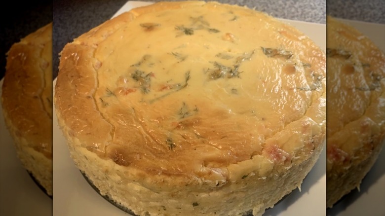 Baked salmon cheesecake with herbs inside