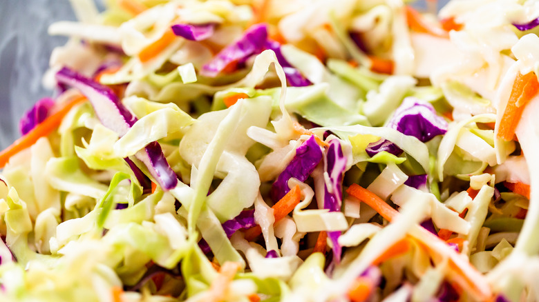 Closeup of traditional coleslaw with red and green cabbage