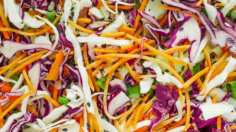 closeup of mixed coleslaw ingredients including red cabbage shredded carrot green onions and black sesame seeds