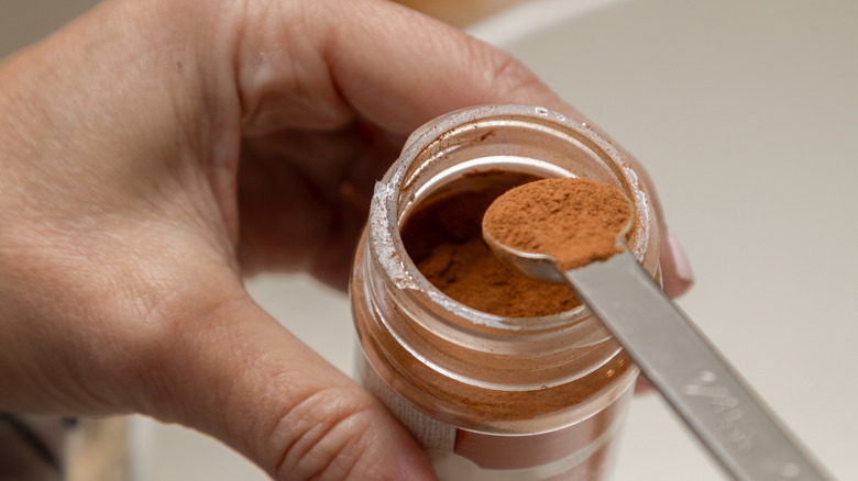 Hand measuring ground spices from jar with teaspoon