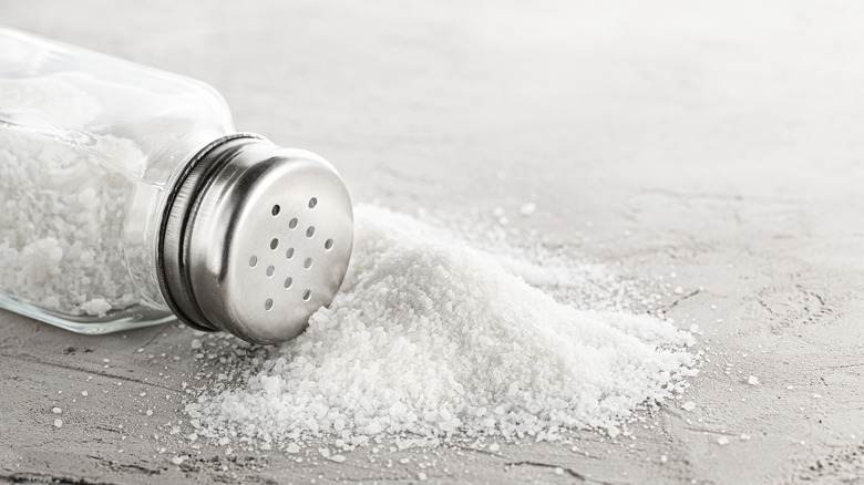 Salt spilling from shaker onto counter
