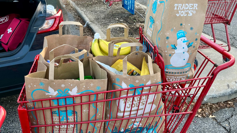 Trader Joes cart loaded with groceries