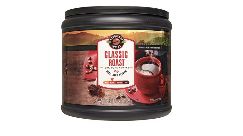 A large 30 ounce plastic container of Classic Roast Beaumont Coffee