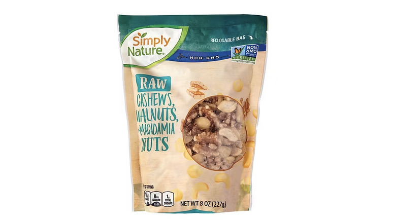 A bag of raw cashews, walnuts, and macadamia nuts sold by the brand Simply Nature