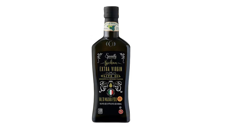 A glass bottle of premium Specially Selected Sicilian olive oil