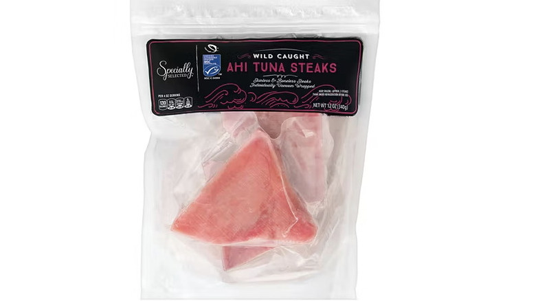 Vacuum sealed freezer bag of Specially Selected Ahi Tuna steaks