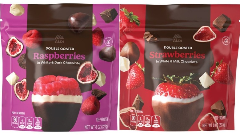 Bags of Aldi's Chocolate Coated Raspberries and Strawberries
