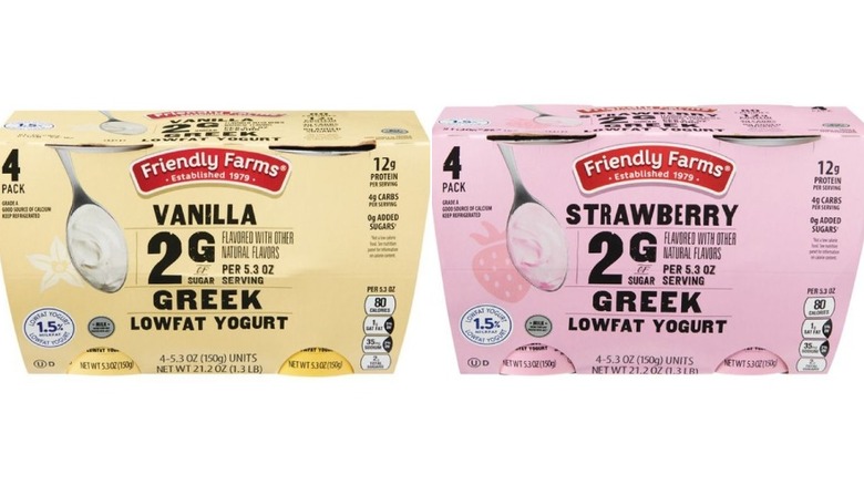 Packages of Friendly Farms Vanilla and Strawberry Lowfat Greek Yogurts