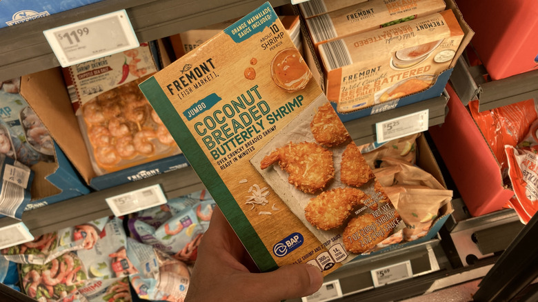 box of Aldi coconut breaded shrimp