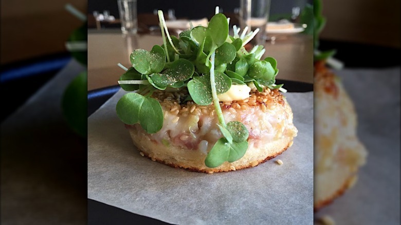prawn toast, milk bread, sesame, sprouts