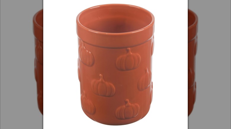 Orange pumpkin embossed ceramic utensil holder