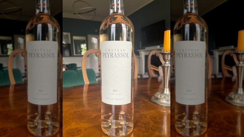 Close-up of a bottle of Chateau Peyrassol Rose on a table