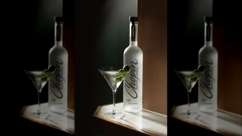 A dirty vodka martini with a bottle of vodka in the background