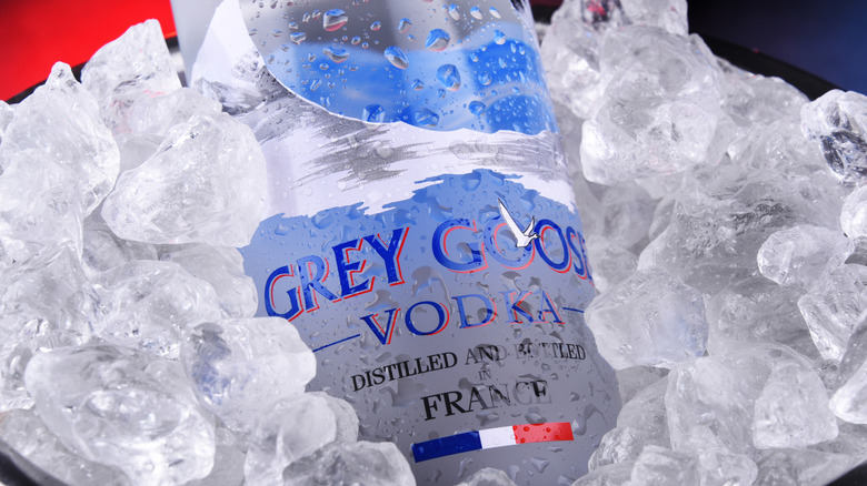 A bottle of Grey Goose vodka on ice.