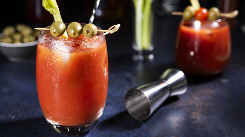 Bloody mary cocktail with olives