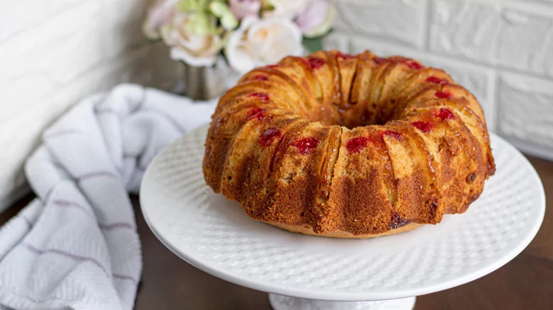 Bundt cake on white plate