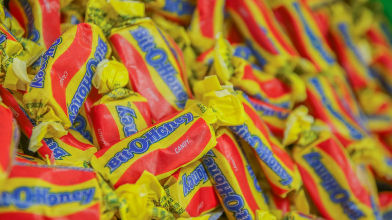 Close up of pieces of Bit-O-Honey candy in a pile.