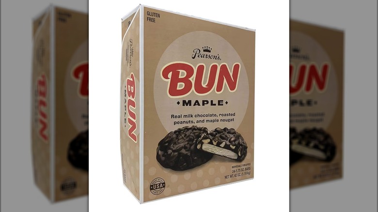product photo of package of Bun Bar maple flavor with roasted peanuts covered in chocolate