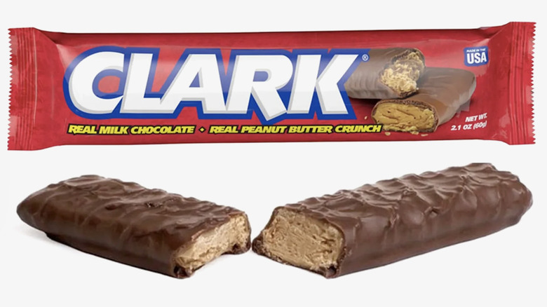 Product photo of a wrapped Clark Bar and an unwrapped Clark Bar split in middle against white background.
