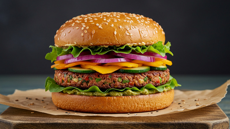A veggie burger topped with lettuce, onions, and cucumbers