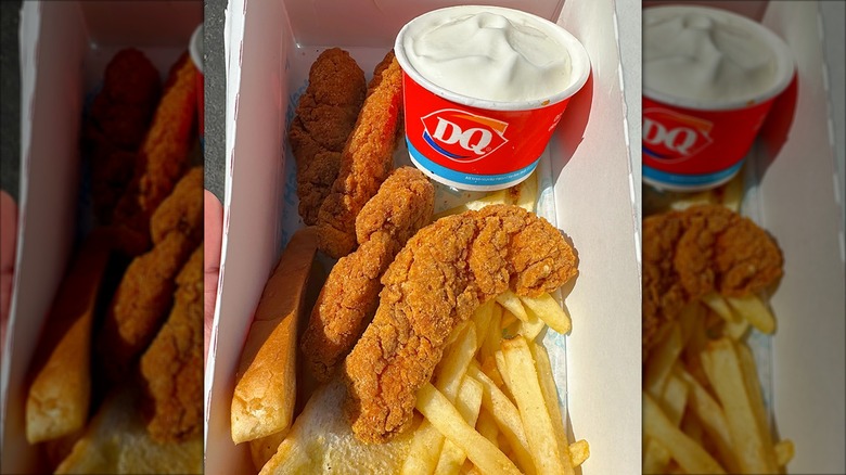 An order of Dairy Queen chicken strips with fries, toast, and a dipping sauce