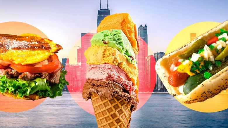 hot dog and rainbow ice cream cone against Chicago skyline
