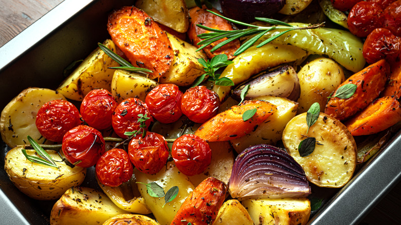 Roasted vegetables in baking tray